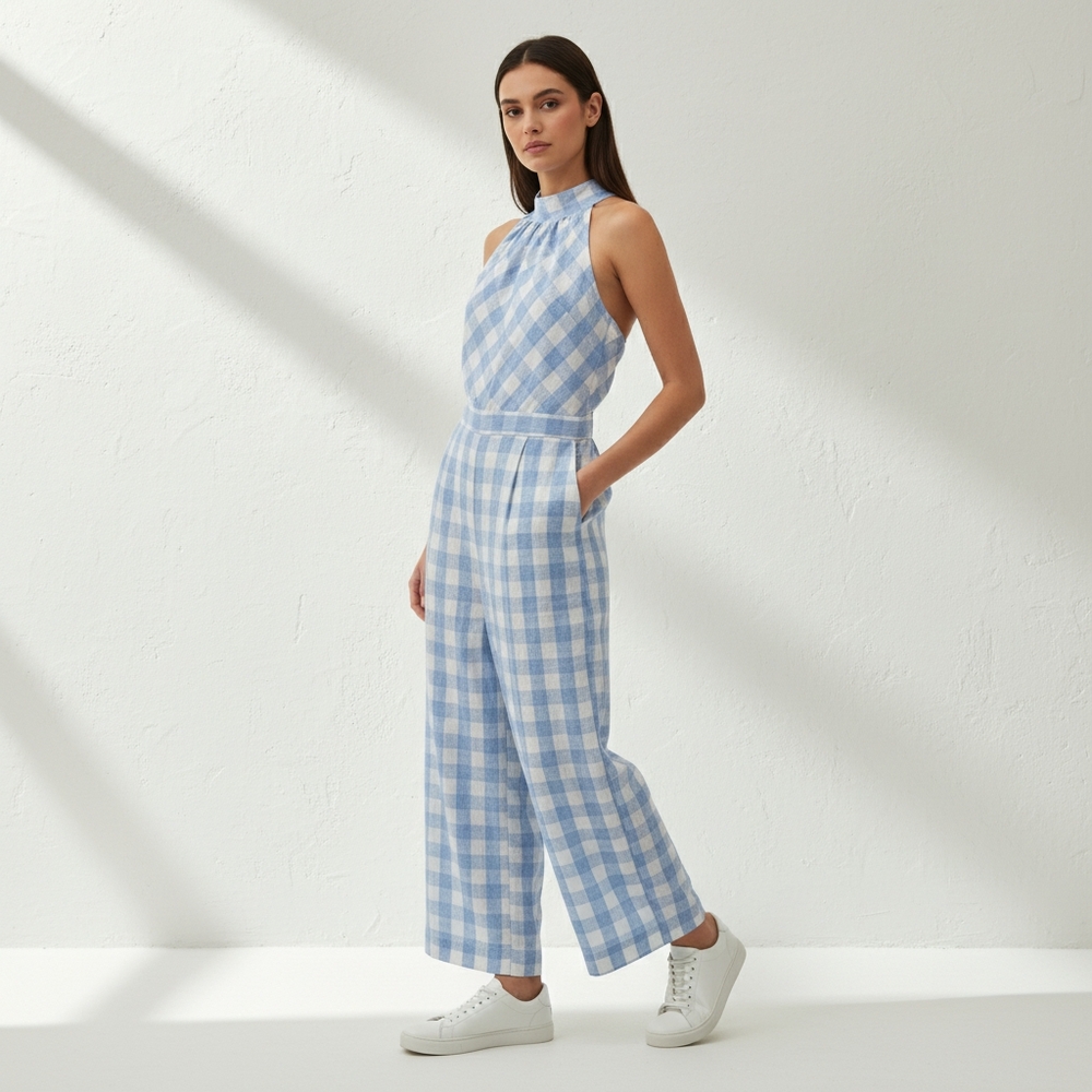 J. Crew Blue and White Checkered Jumpsuit